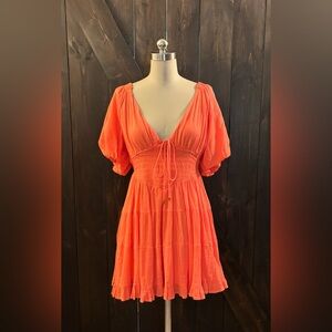 Free People Vibrant Orange Dress with Tie Front